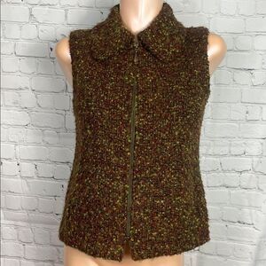 Beyond Threads Brown and Green Boucle Textured Zip-Up Vest Size Small